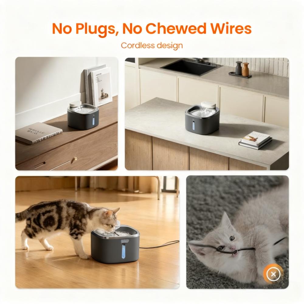 Oneisall 60-Day Battery Water Fountain - 5-Layer Filtration, 30dB Quiet, No Chewed Wires for Cats & Dogs