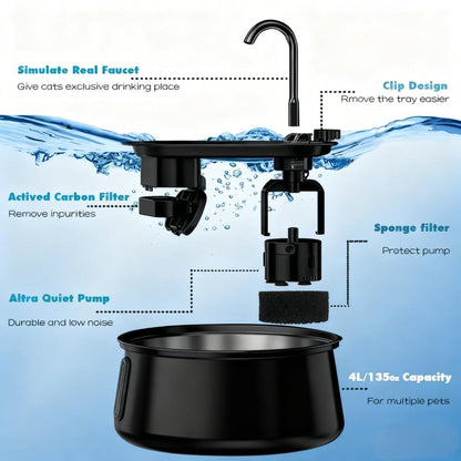 4L Stainless Steel Cat Water Fountain - Ultra Quiet Pet Water Dispenser with Water Window for Cats & Dogs
