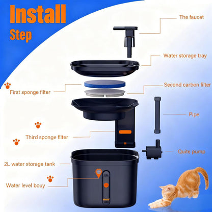 2.2L Stainless Steel Cat Water Fountain - BPA-Free, Dishwasher Safe, Multi-Layer Filtration for Cats & Dogs